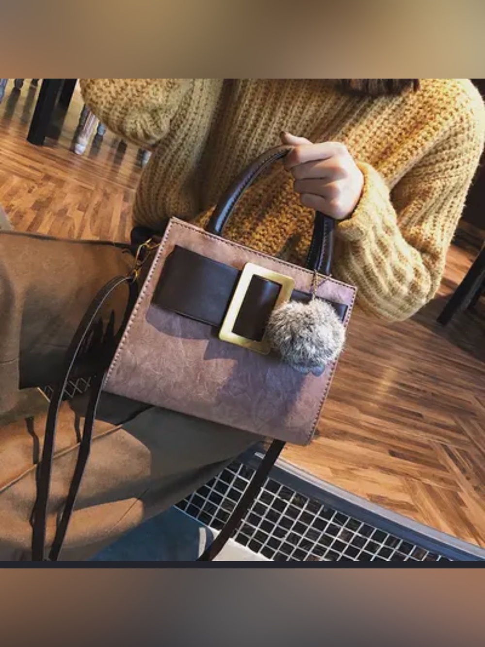 Women Faux-Leather Tote Messenger Handbag with Belt Buckle Lock and Ta - ,